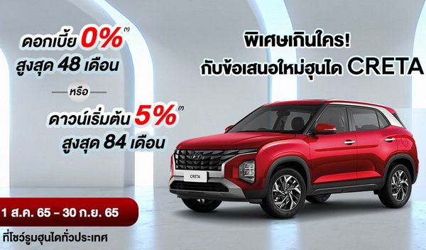 ถอย Hyundai CRETA รับดอกเบี้ย 0% หรือผ่อนยาว 84 เดือน ขับฟรี 90 วัน